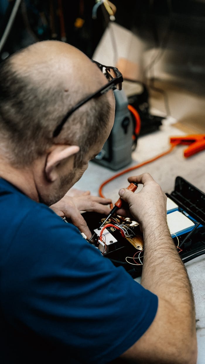 Close-up of a man repairing electronics, focusing on detail work with precision tools.